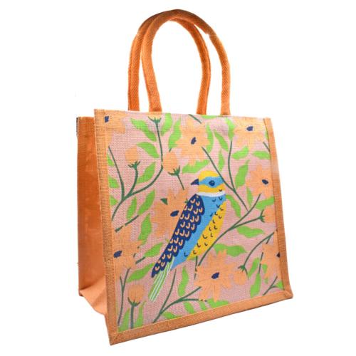 Jute shopping bag, square, Bird / Floral