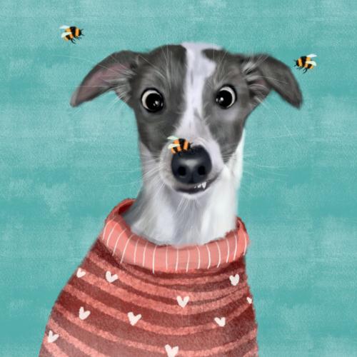 Greetings Card, Whippet and Bees, 16x16cm
