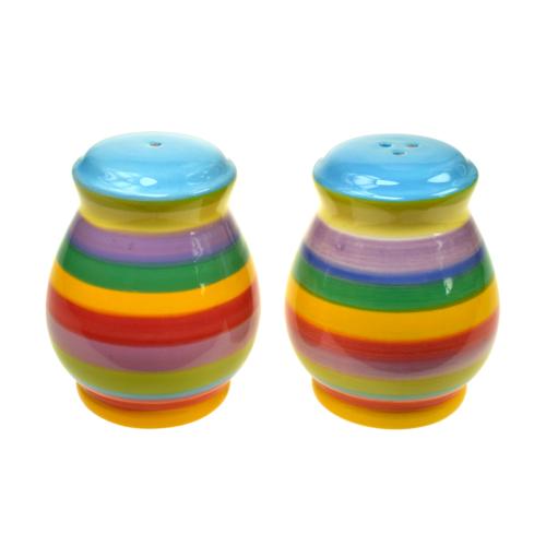 Salt pepper pots shakers rainbow stripes ceramic cruet set blue top hand painted