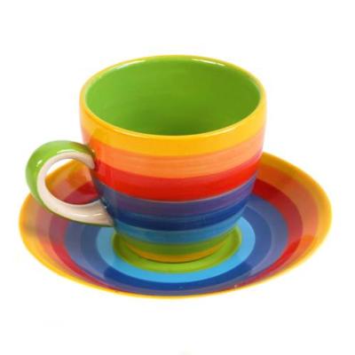 Espresso small coffee cup & saucer rainbow stripes ceramic hand painted 