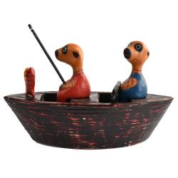 2 Meerkats in a boat hand carved from Albesia wood, 18 x 10 x 5cm
