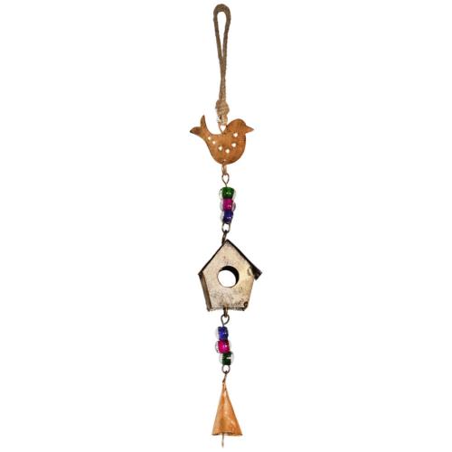 Hanging windchime bird and miniature birdhouse recycled brass