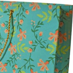 Gift Bag Handmade Paper Floral Design on Teal 31 x 20 x 7.5cm