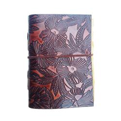 Notebook Leather Bound Flowers Brown 13 x 18cm