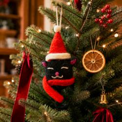 Hanging Decoration Handcrafted Felt Black Cat Red Hat 3x15cm