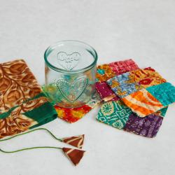 Set of 4 coasters in bag, recycled sari material kantha stitch assorted designs
