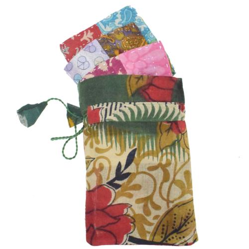 Set of 4 coasters in bag, recycled sari material kantha stitch assorted designs