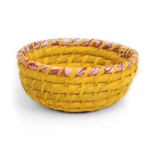 Round basket, recycled sari material and kaisa grass yellow 15x7cm