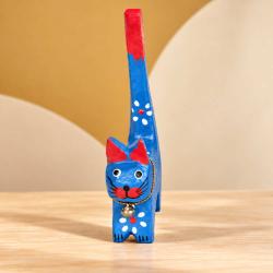 Single handcarved Cat statue, 3x6x10cm, with handpainted flower design