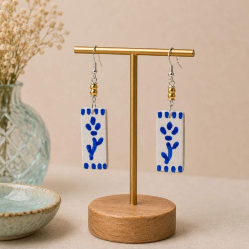 Earrings Kisii Stone Rectangle with Blue Flower