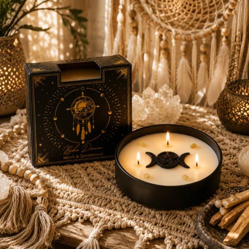 Candle with Gemstone Esoteric Boho Dreams, Myrrh + Sandalwood 200g