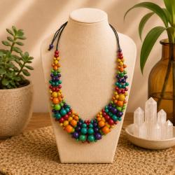 Necklace Handpainted Wooden Multicolour 3 Rows Beads