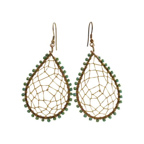 Earrings teardrop gold colour web with green bead edging