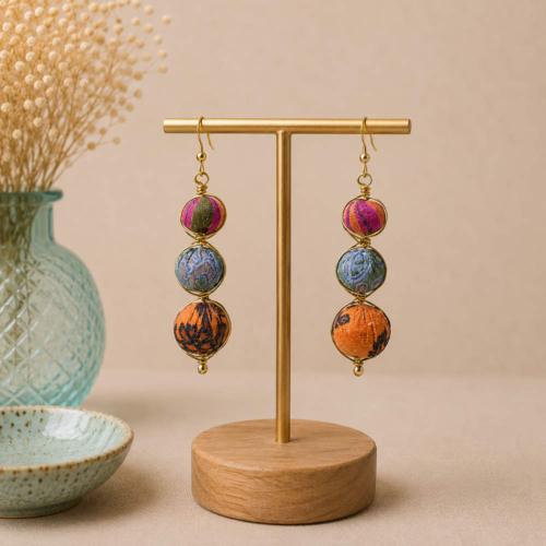 Earrings 3 Beads Recycled Red Grey Brown