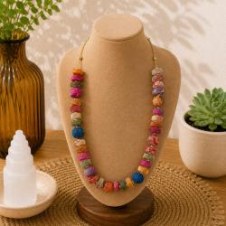 Necklace Recycled Cotton Round and Square Beads Multicoloured