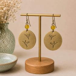 Earrings, Brass round drop engraved with flying cranes 2.5cm diameter