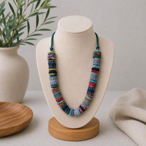 Necklace recycled denim jeans, multicoloured chunks & circles green cord