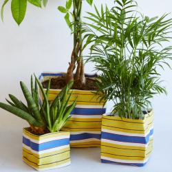 Planter plant holder recycled plastic cement bags, purple yellow stripes 20x20x20cm