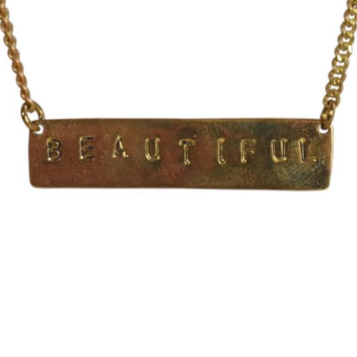 Necklace, Brass with stamped plaque Beautiful